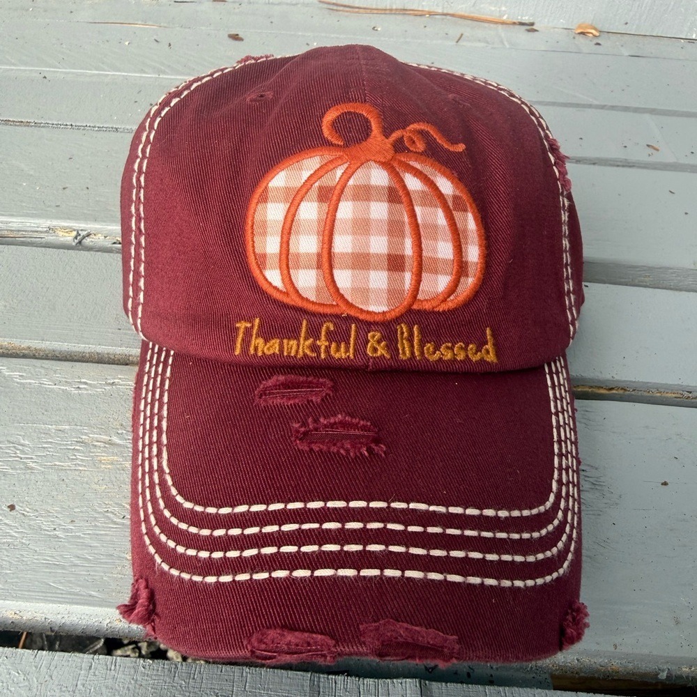 Burgundy Thankful & Blessed Pumpkin Cap